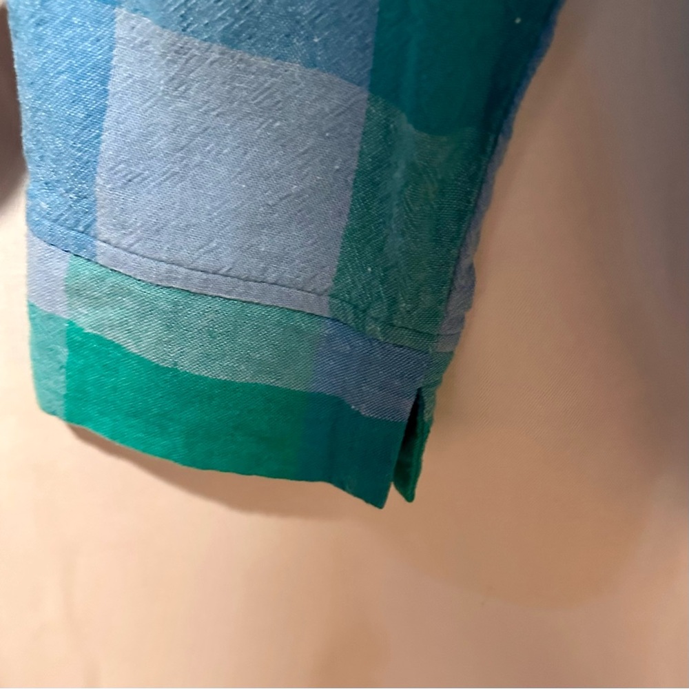 Blue & Teal Linen Blend Blouse Plaid Button-Up Shirt Size M - Picture 3 of 5